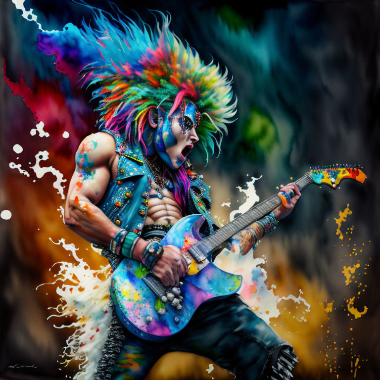 Colorful rock musician with mohawk playing electric guitar in vibrant artwork