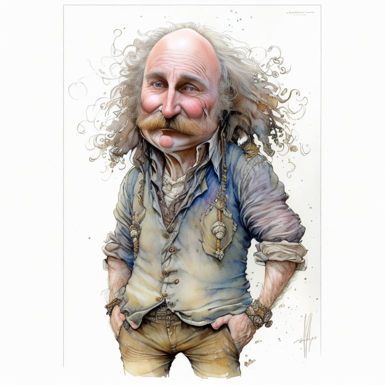 Detailed caricature of a man with large nose, curly hair, mustache, vest, frills