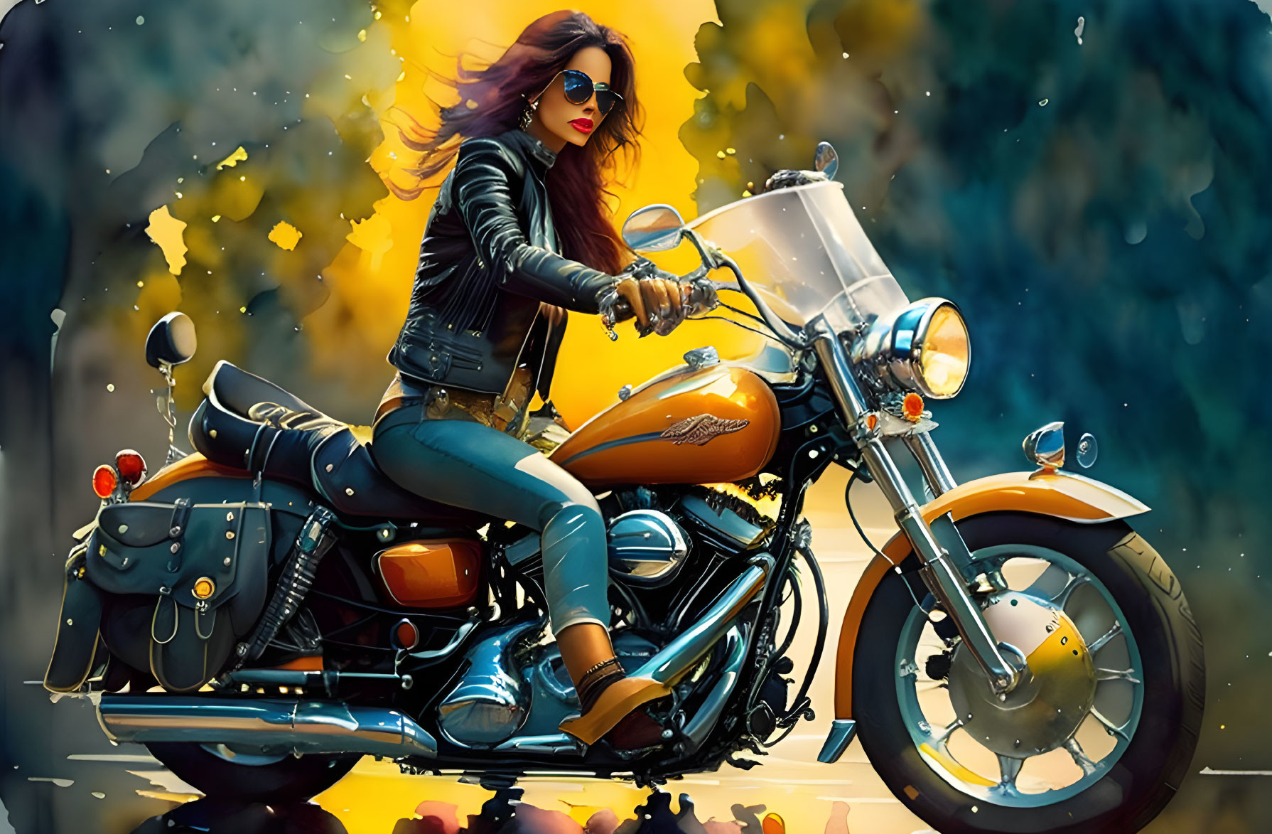 Woman in sunglasses and leather jacket on classic motorcycle against vibrant background