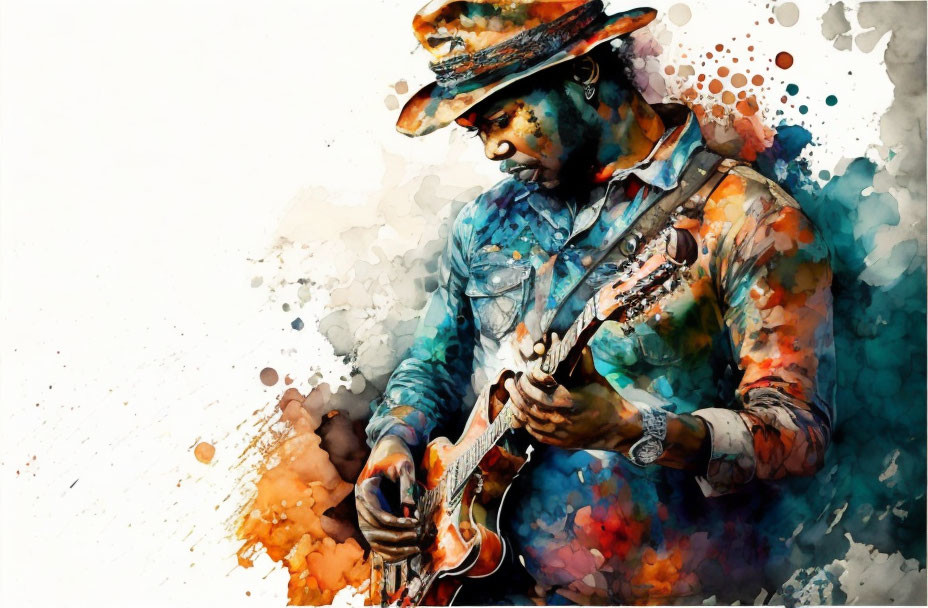 Vibrant Watercolor Illustration of Guitarist in Hat