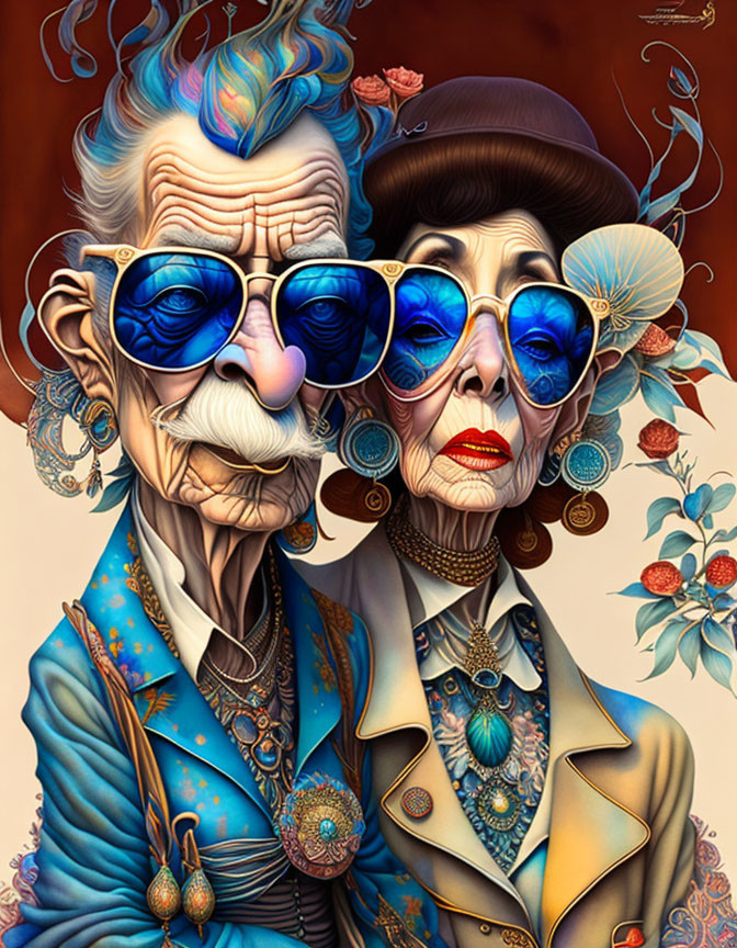 Colorful illustration of elderly couple in quirky attire with floral motifs
