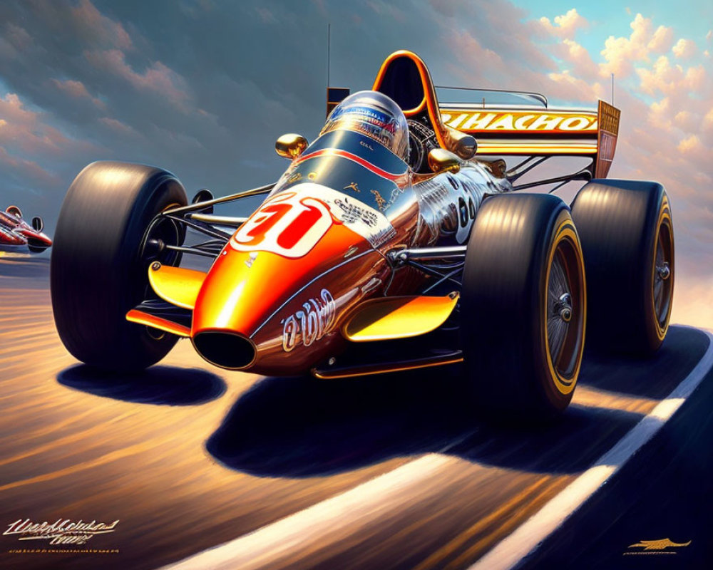 Vintage Red and Orange Race Car Number 20 Speeding Illustration