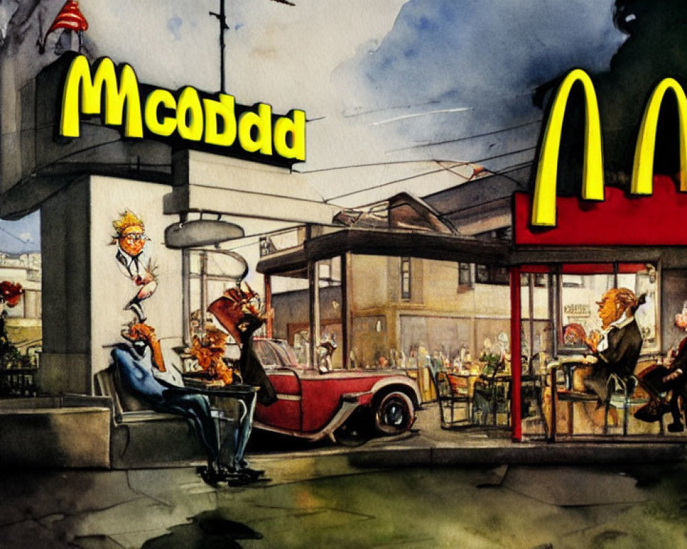 Vibrant illustration of bustling McDonald's restaurant at twilight