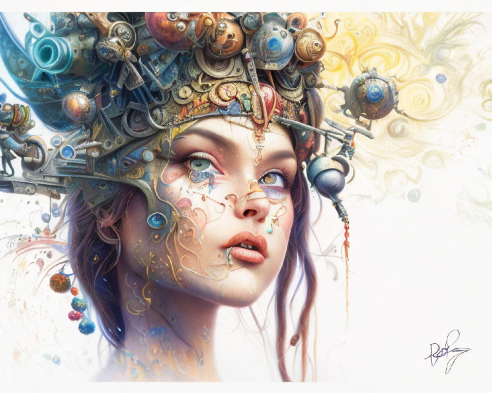 Colorful surreal portrait of woman with ornate mechanical celestial headdress