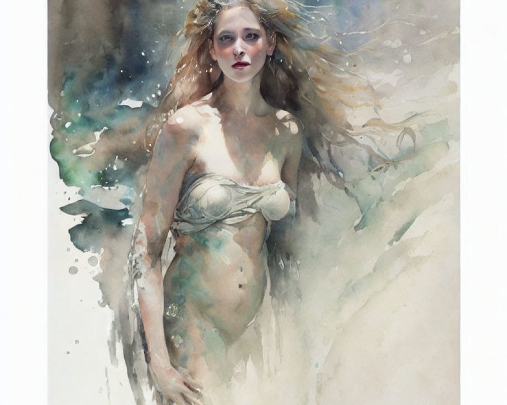 Ethereal watercolor painting of a woman blending with natural elements