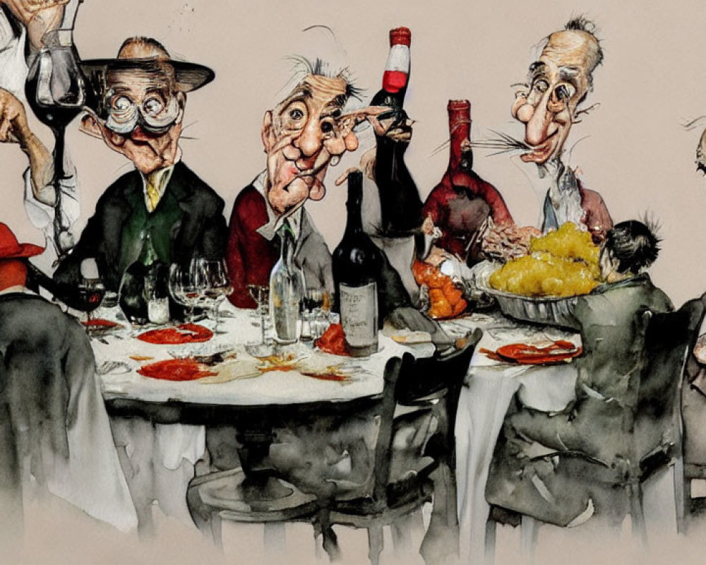 Six People Caricature Enjoying Meal at Round Table