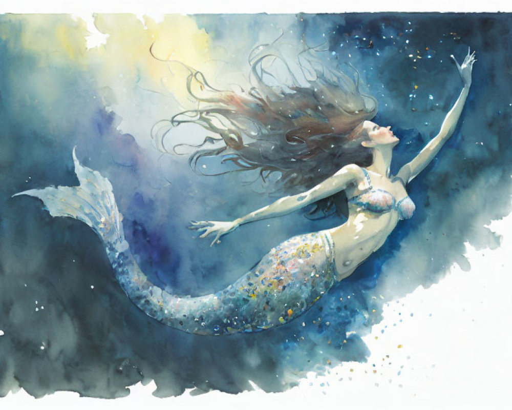 Mermaid watercolor illustration in deep blue and aqua palette