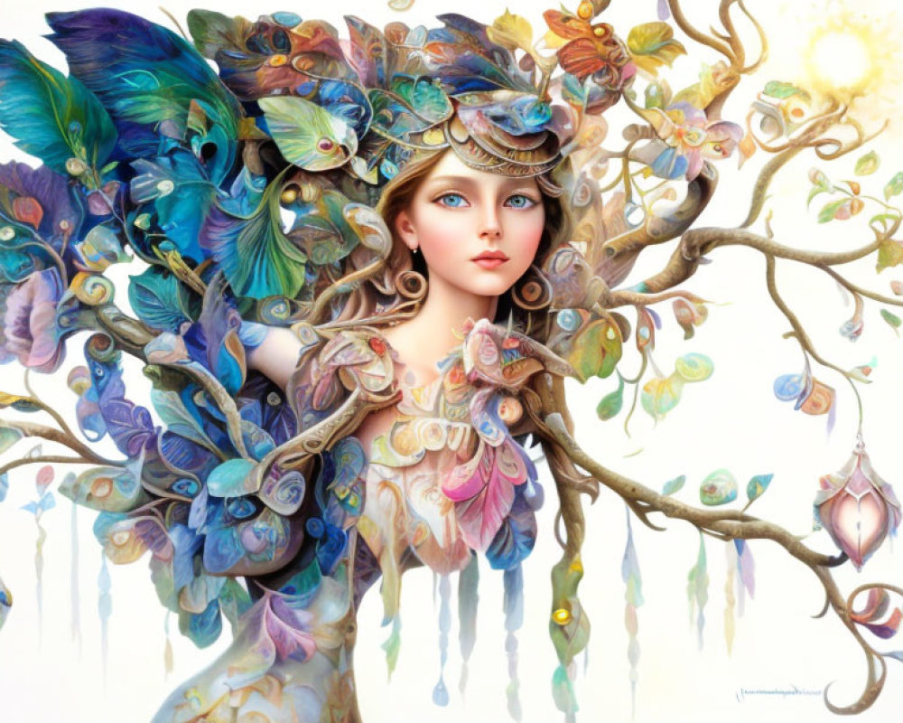 Fantasy illustration of woman with butterfly headdress in vibrant nature scenery