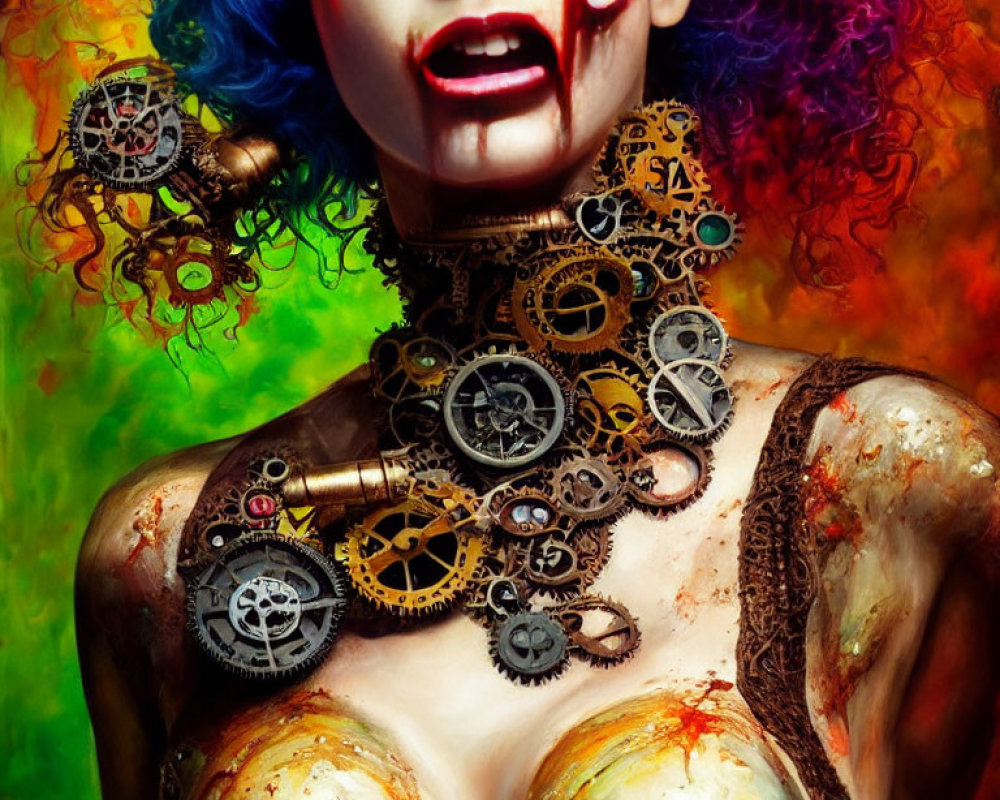 Colorful steampunk portrait with vibrant makeup and hair