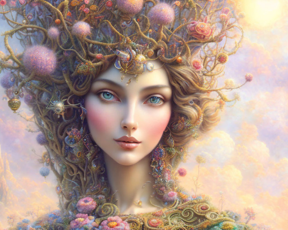 Portrait of woman with floral headpiece and jeweled ornaments against pastel sky
