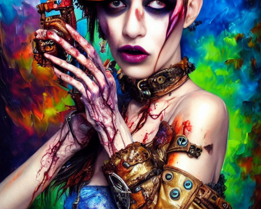 Elaborate Steampunk Attire with Dramatic Makeup and Mechanical Accessories