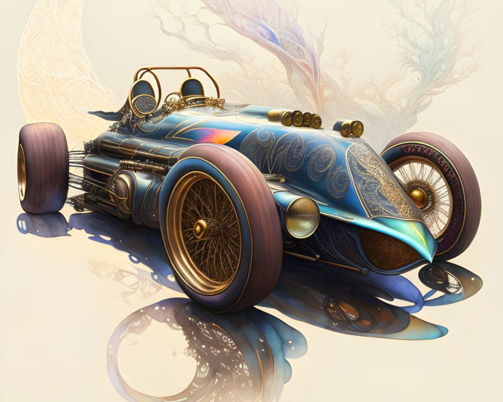 Intricate illustrated fantastical vehicle with golden rims and vintage aesthetic.