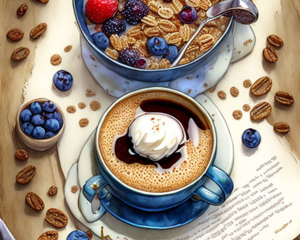 Breakfast scene with cereal, berries, coffee, nuts, and book on wooden surface