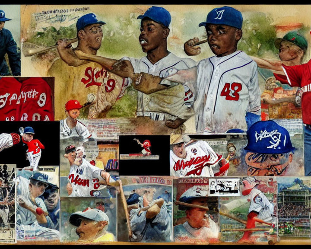 Baseball-themed collage featuring players, vintage cards, and children