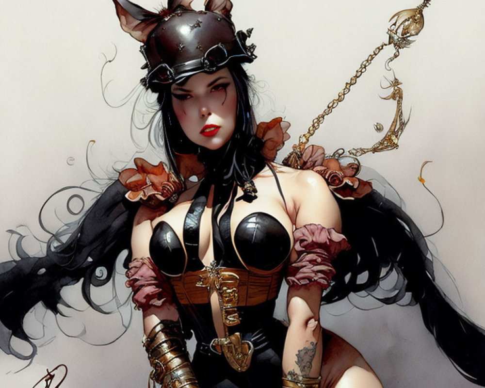 Illustration of woman in dark fantasy outfit with horned helmet, corset, gloves, and chained