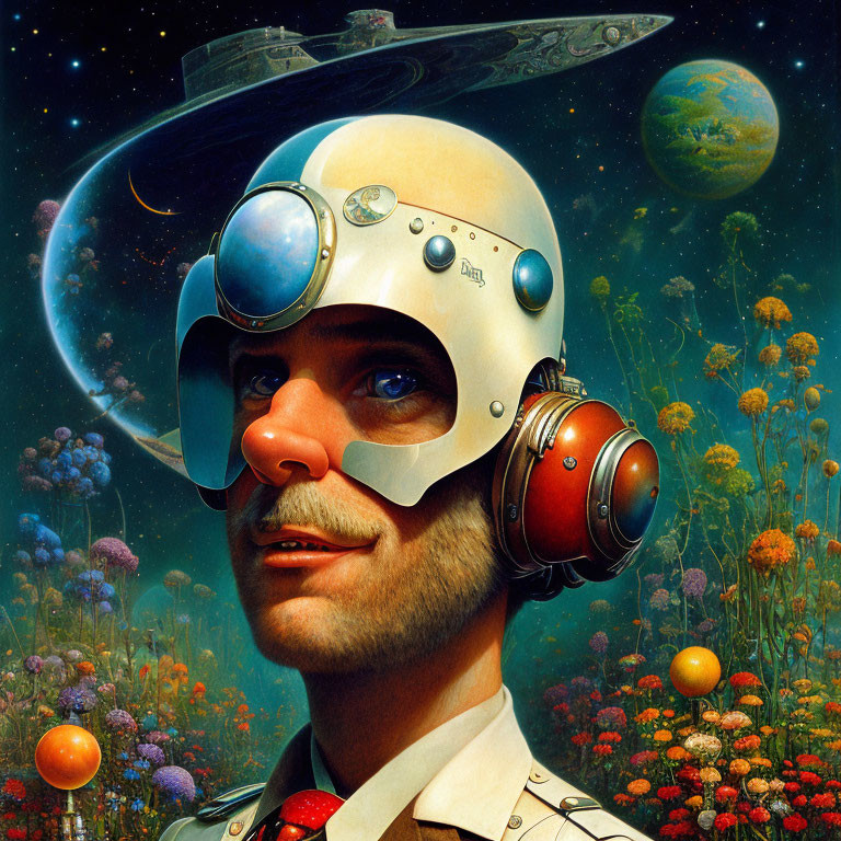 Man in retro-futuristic helmet with cosmic backdrop and spaceship, surrounded by vibrant flowers.
