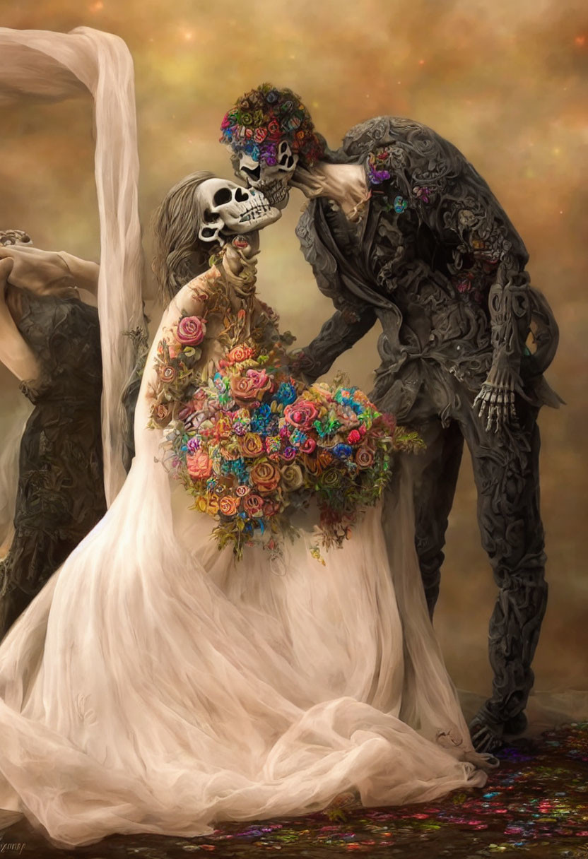 Skeletal bride and groom kiss, Dia de los Muertos theme