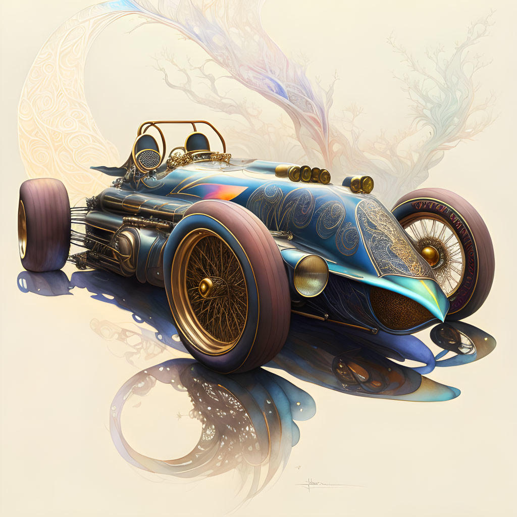 Intricate illustrated fantastical vehicle with golden rims and vintage aesthetic.