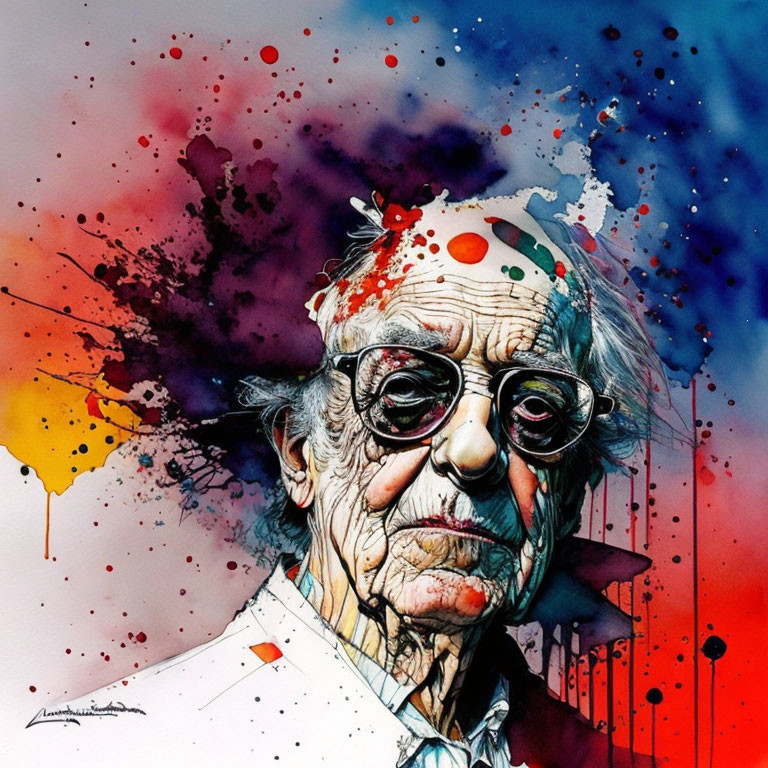 Vibrant Watercolor Portrait of Elderly Man with Glasses