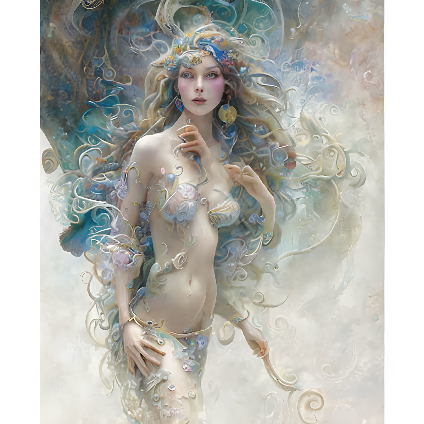 Intricate female figure with ornate headpiece and swirls in dreamlike setting