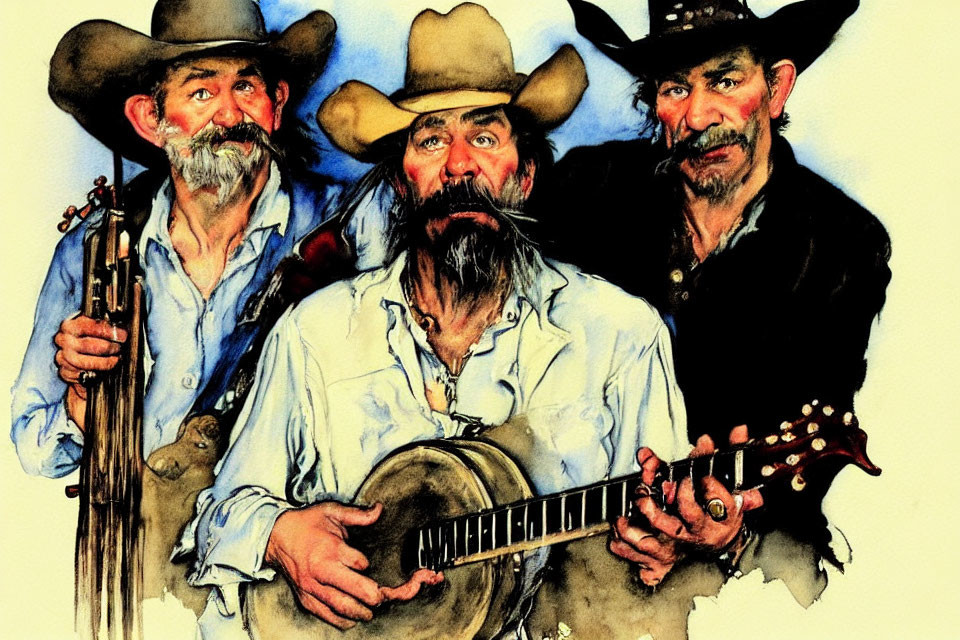 Realistic Cowboy Trio Artwork with Banjo Player & Rifles