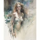 Ethereal watercolor painting of a woman blending with natural elements