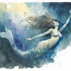 Mermaid watercolor illustration in deep blue and aqua palette