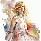 Soft-hued watercolor painting of a woman with curly hair and abstract splashes.