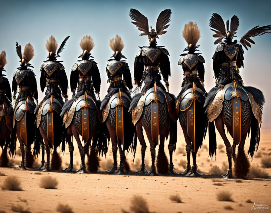 Fantasy armored knights with plumed helmets and detailed back armor in desert landscape