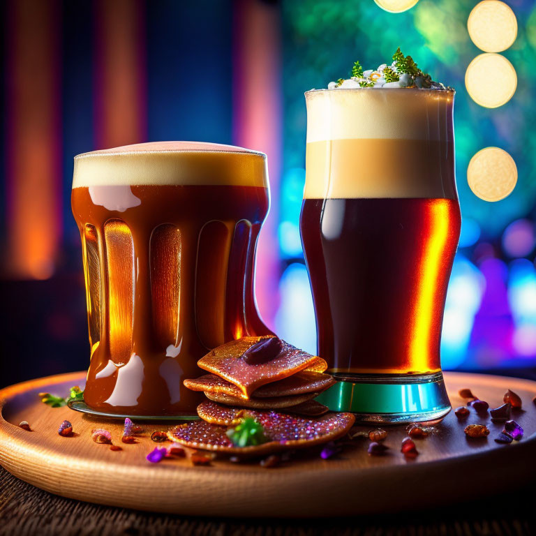 Dark beer glasses with frothy heads on wooden tray and snacks against blurred lights.