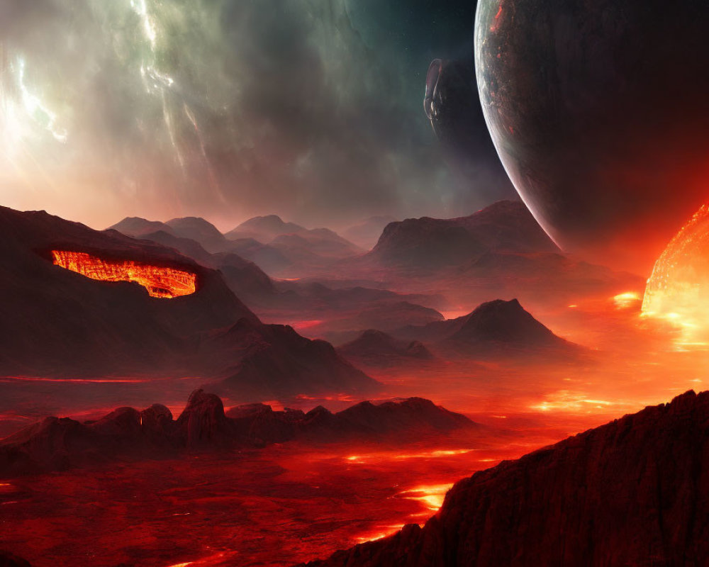 Fiery Sci-Fi Landscape with Celestial Bodies and Nebulae