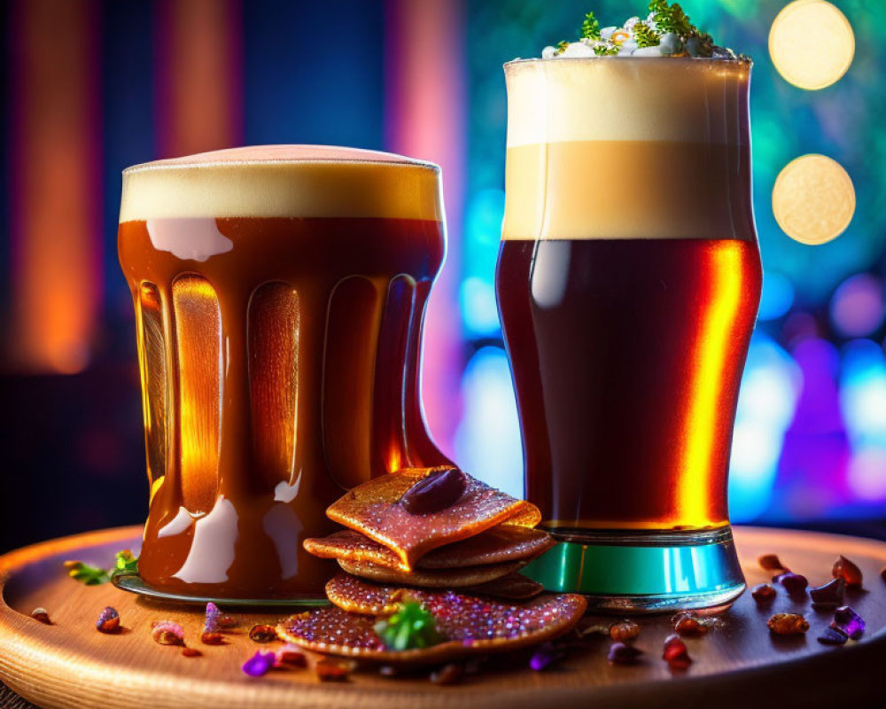 Dark beer glasses with frothy heads on wooden tray and snacks against blurred lights.