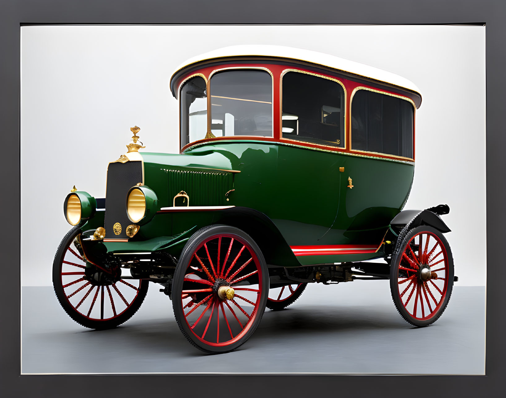 Vintage Green and Black Car with Brass Fittings and Red Wheels