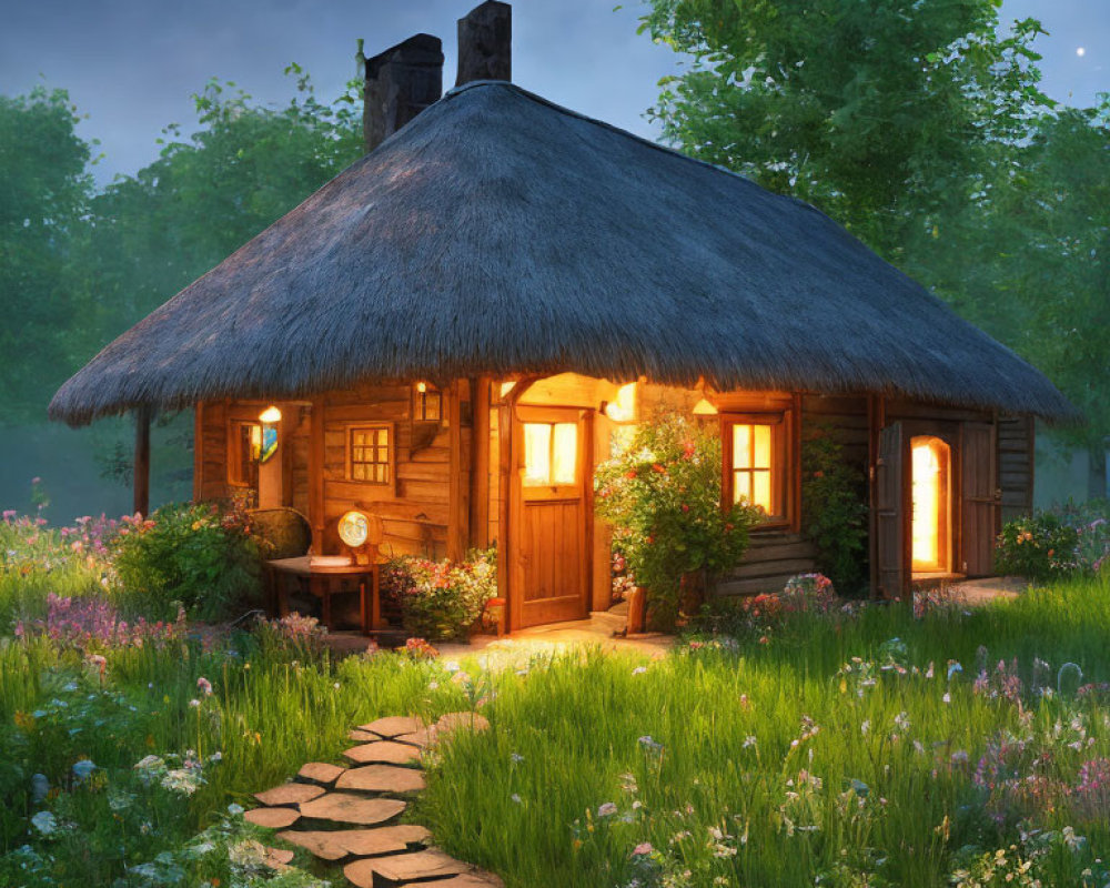 Cozy Thatched-Roof Cottage Surrounded by Greenery at Twilight