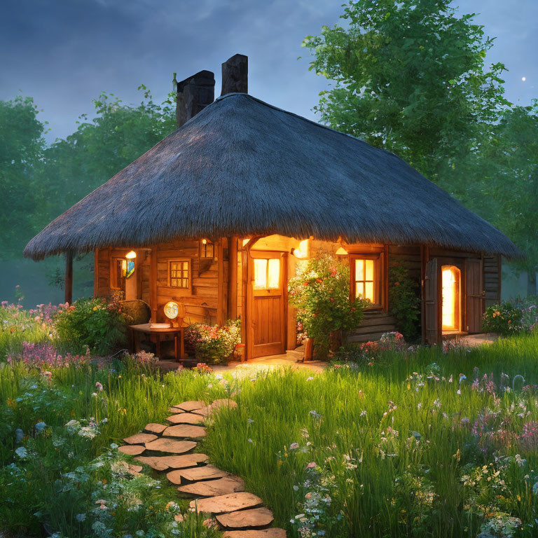 Cozy Thatched-Roof Cottage Surrounded by Greenery at Twilight