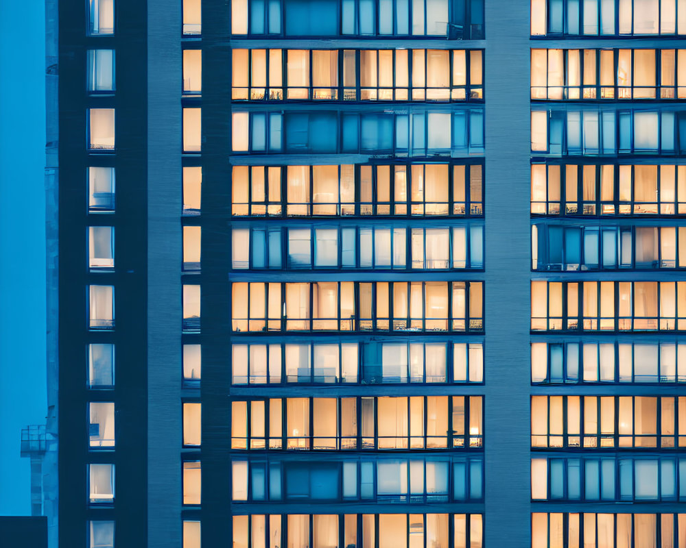 High-rise building facade with illuminated windows at dusk