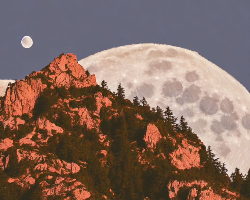 Moonlit mountain peak with large and small moons in dusky sky