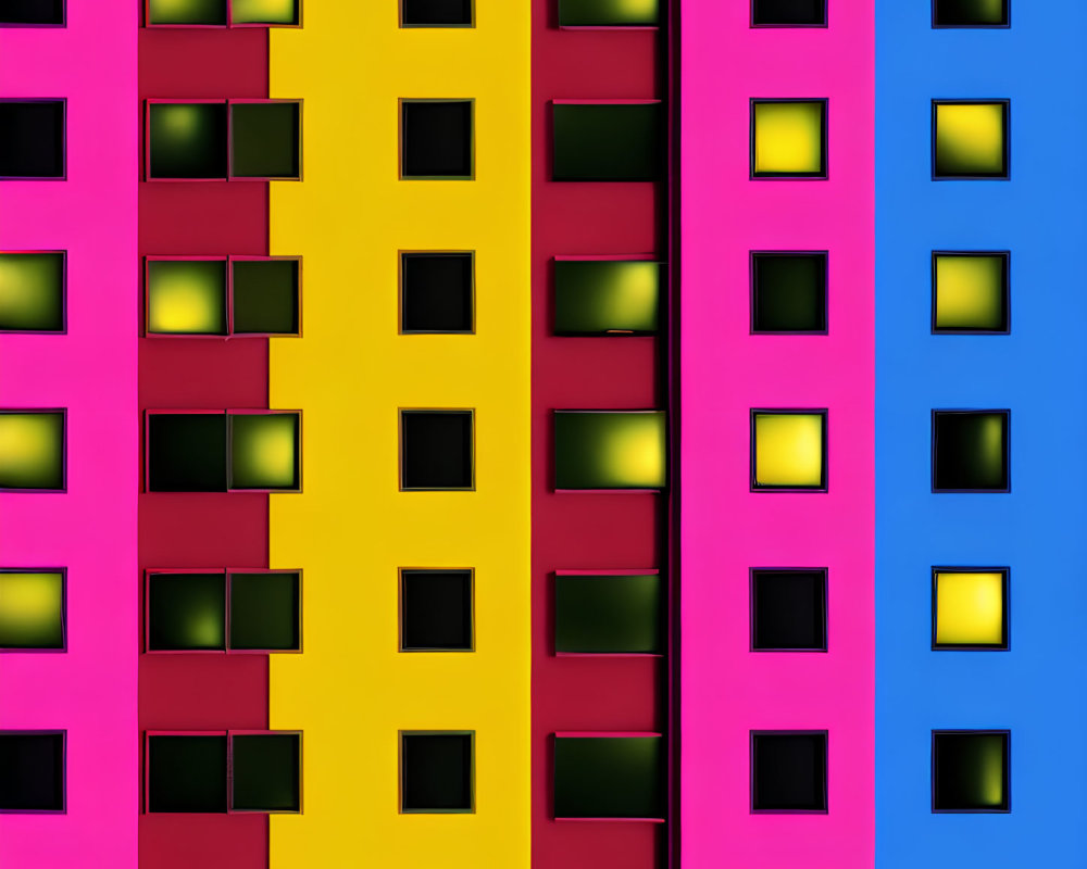 Colorful Building Facades with Square Windows and Warm Light
