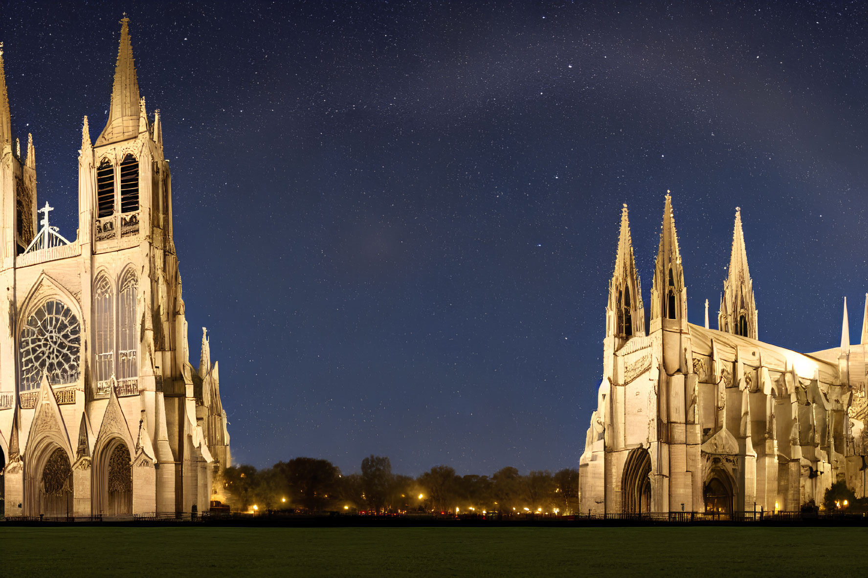 Gothic Cathedral Nighttime Panoramic View with Starry Sky