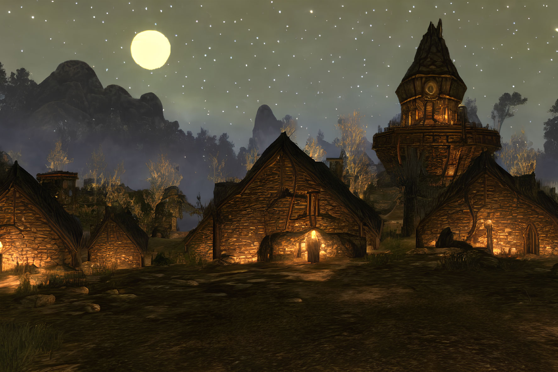 Rustic houses and tower under starry night with full moon