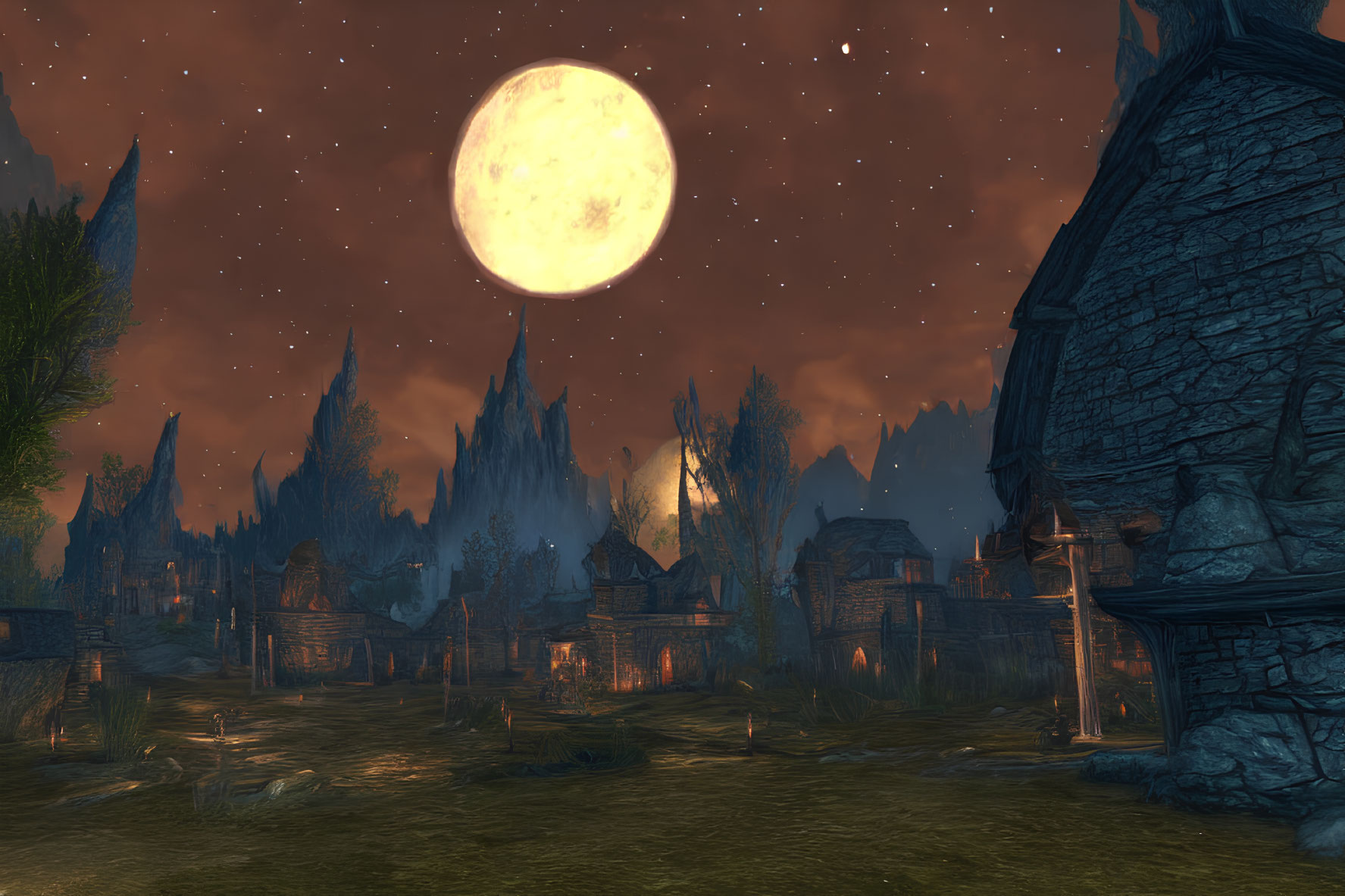 Fantasy village at night under full moon, mountains, starry sky