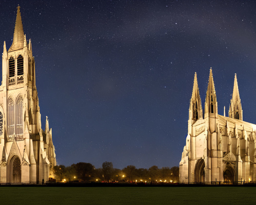 Gothic Cathedral Nighttime Panoramic View with Starry Sky