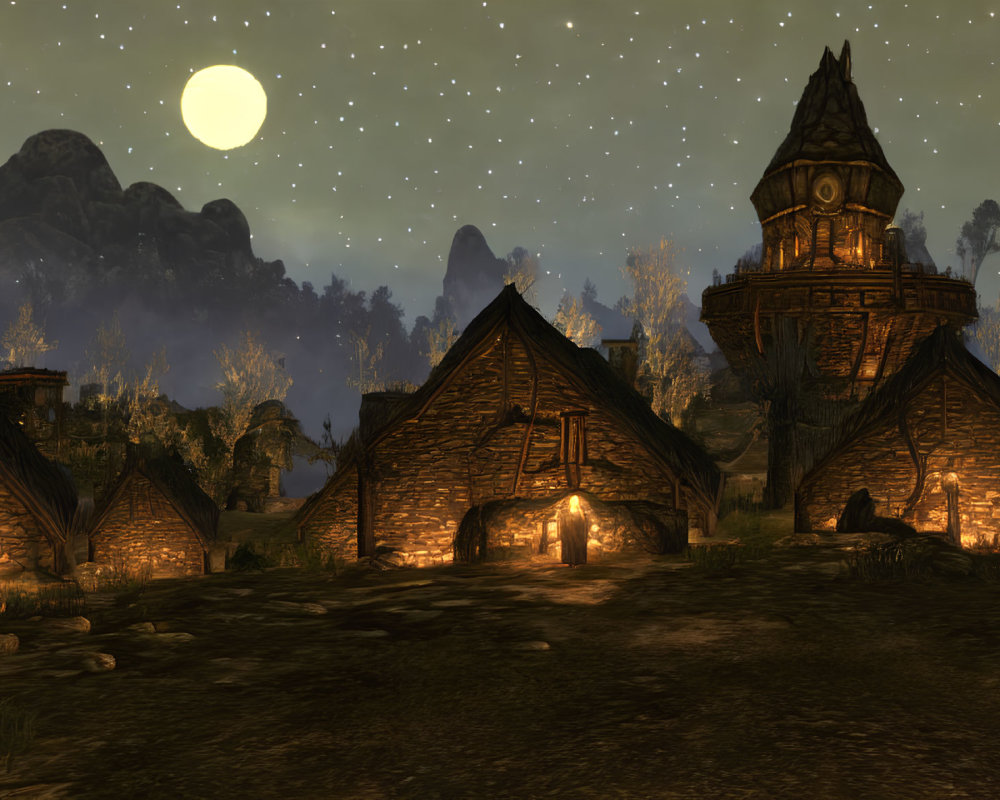 Rustic houses and tower under starry night with full moon