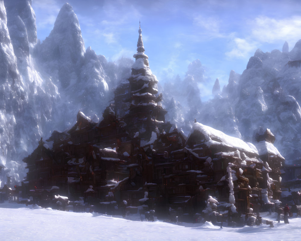Snow-covered village nestled at base of ice-capped mountains