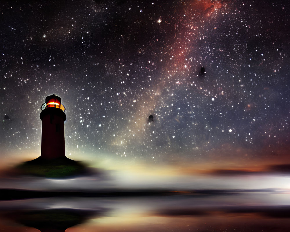 Starry sky lighthouse with cosmic colors and water reflection