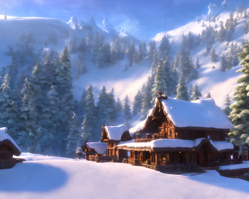 Snow-covered log cabins in forest with snowy mountains at sunrise or sunset