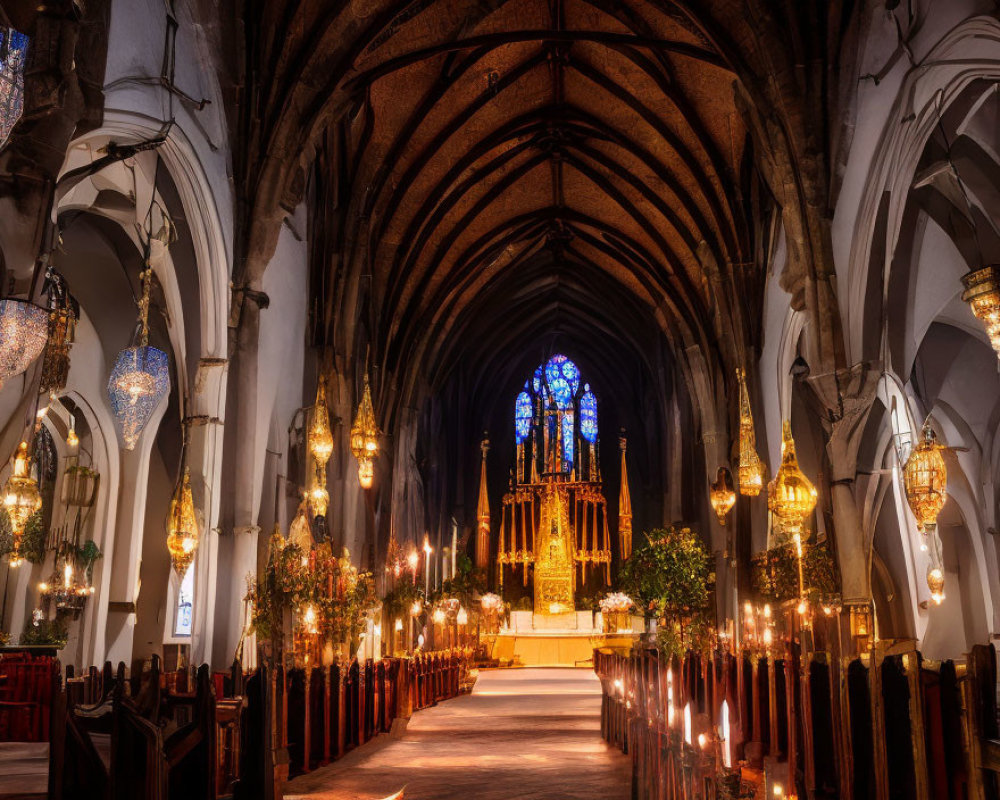 Ornate Gothic Church Interior with Altar, Stained Glass, Vaulted Ceilings,