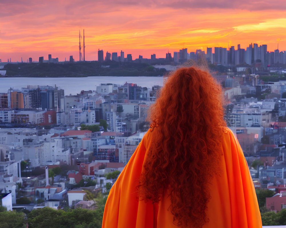 Vibrant sunset cityscape with person and red hair