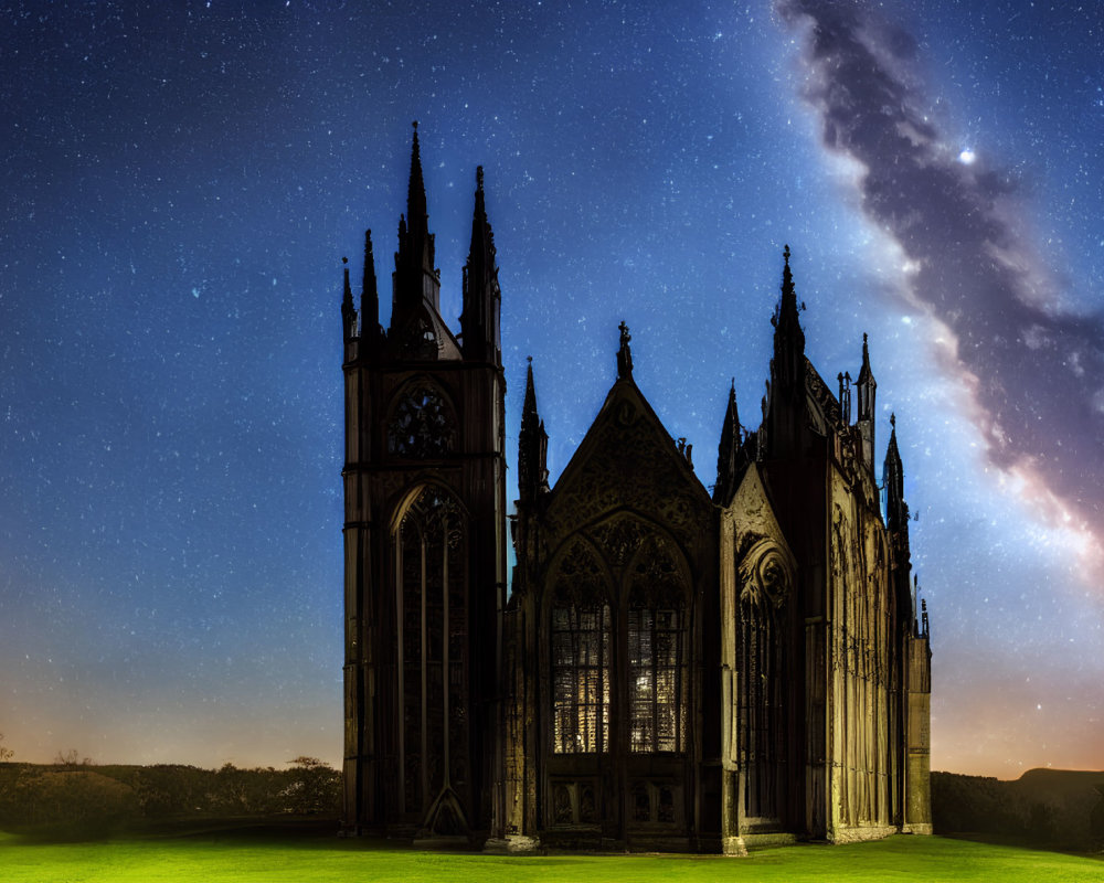 Gothic cathedral silhouette under starry sky with Milky Way.