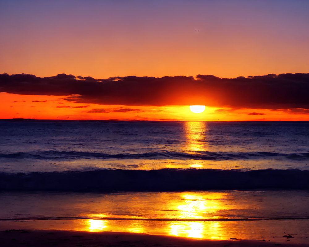 Vibrant ocean sunset with orange sun and crescent moon in twilight